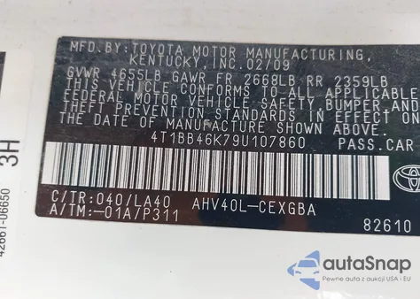 2009 Toyota Camry Hybrid z USA, uszkodzony, nr VIN 4T1BB46K79U107860